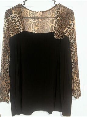 Susan Lawrence Black Top with Leopard-Print Sheer Sleeves